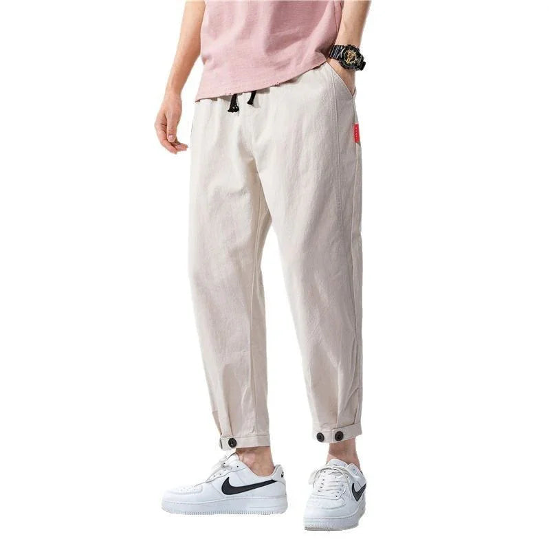 Men's Straight Casual Loose Cotton And Linen Cropped Pants - VAleG