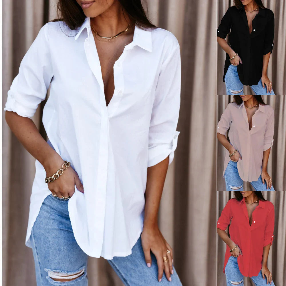 Autumn Simplicity Long Sleeve V-neck Buttons Women's Shirt - VAleG