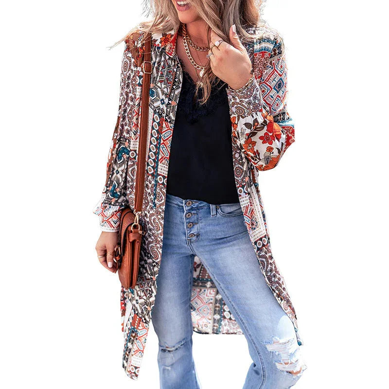 Printed Beach Cardigan Long Sleeve Top - VAleG