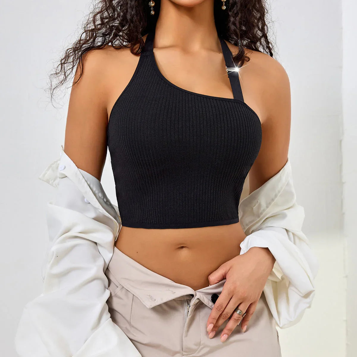Solid Color Low Cut Sleeveless Midriff-baring One Shoulder Halterneck Vest - VAleG