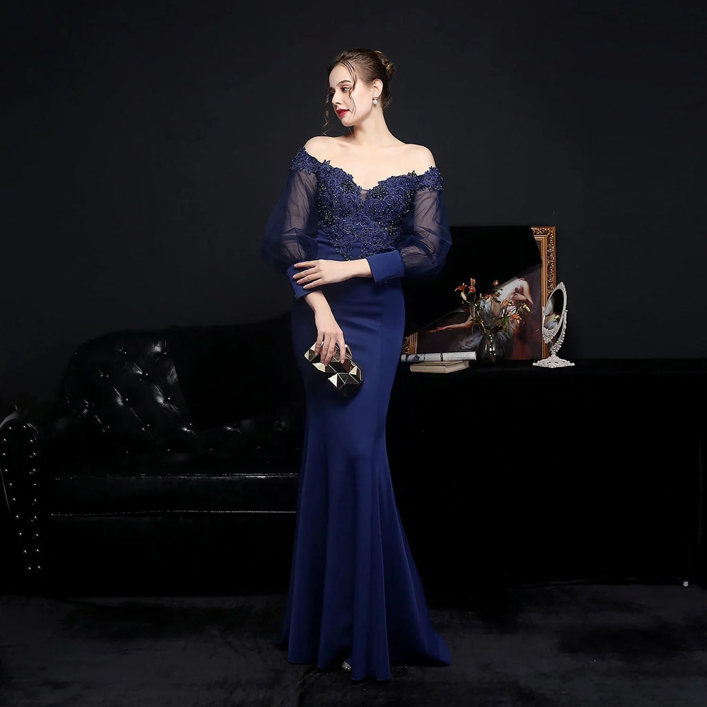 Full Craft Lace Hot Long-sleeved Evening Dress Tail Skirt - VAleG