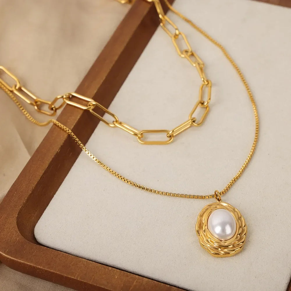 Inlaid Pearl Double-Layered Titanium Steel Necklace - VAleG