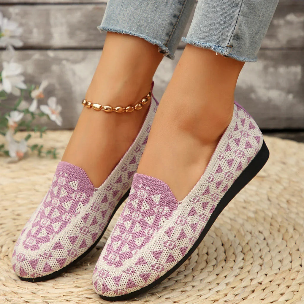 Printed Round Toe Flat Shoes Fashion Casual Hollow Breathable Knitted Shoes Loafers For Women - VAleG