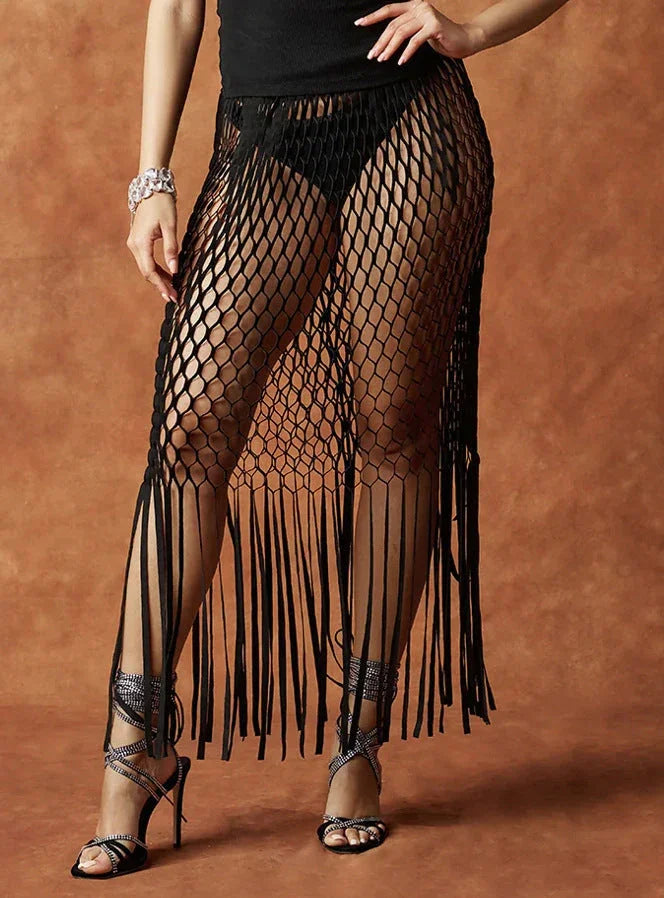 Women's Fishnet Beach Skirt Tassel Skirt - VAleG