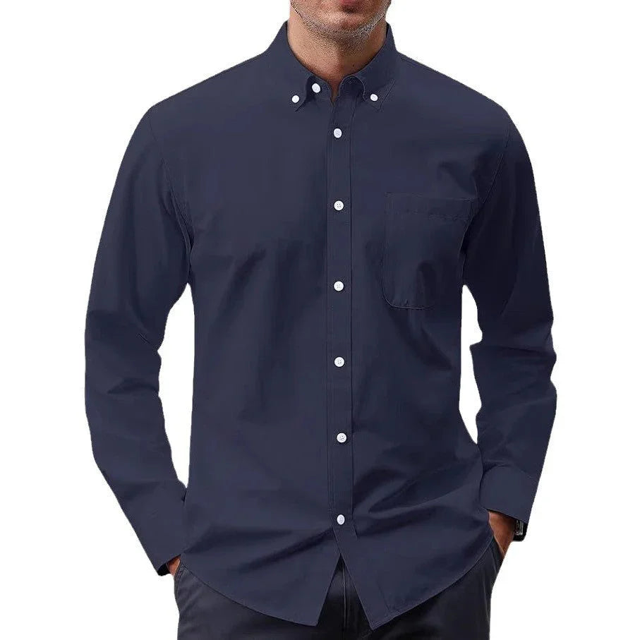 Solid Color Oxford Long Sleeve Button Shirt - VAleG