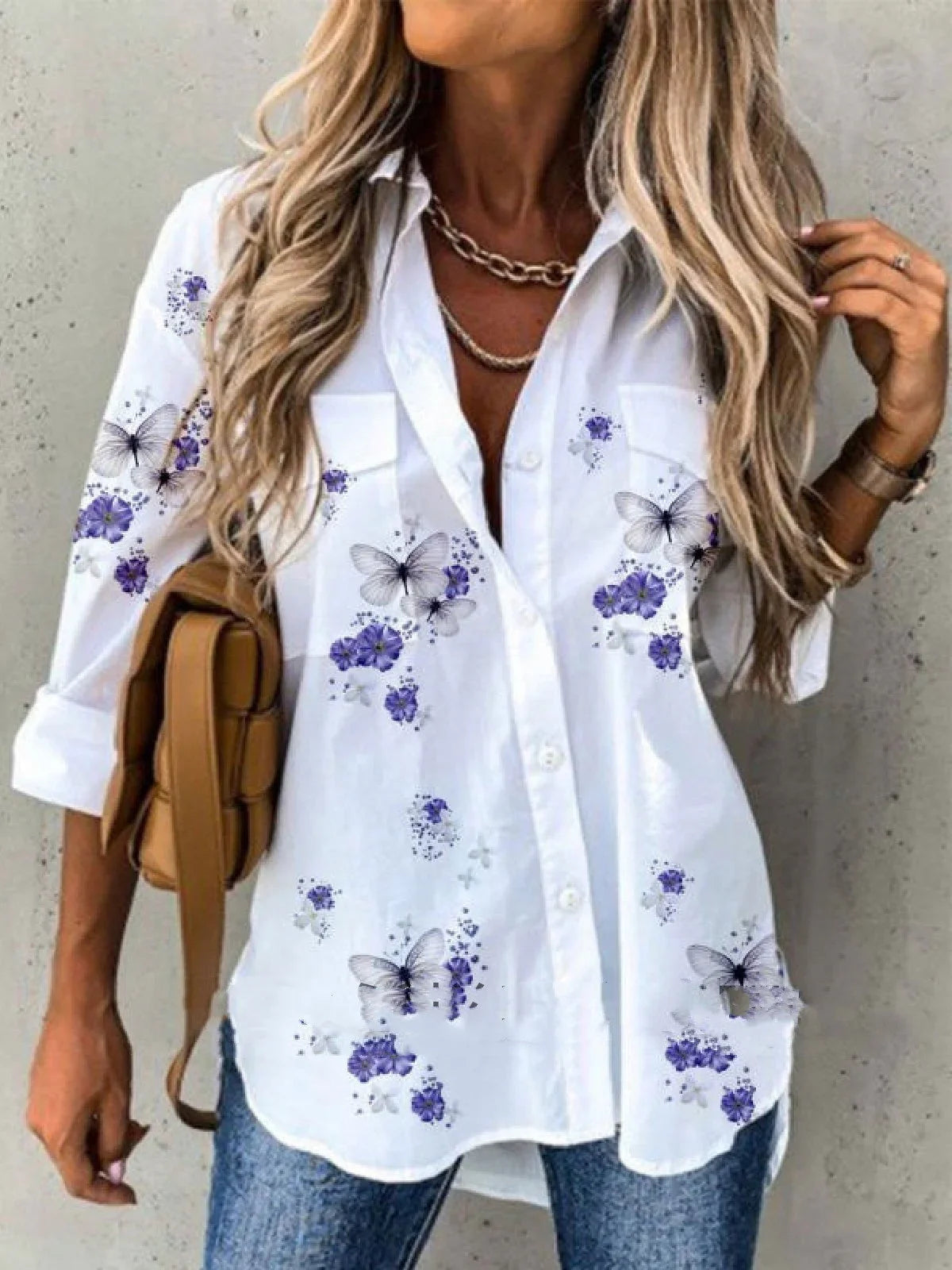 Women's Loose Flower Print Long-sleeved Shirt - VAleG