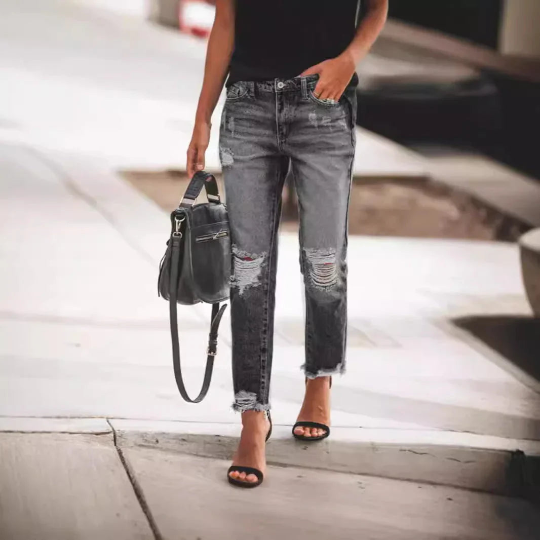 Women's Ripped Non-elastic Retro Fashion Jeans - VAleG