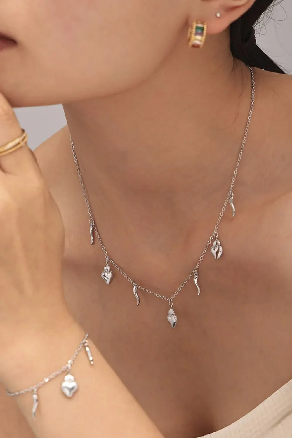 Stainless Steel Heart Charm Bracelet and Necklace Set - VAleG