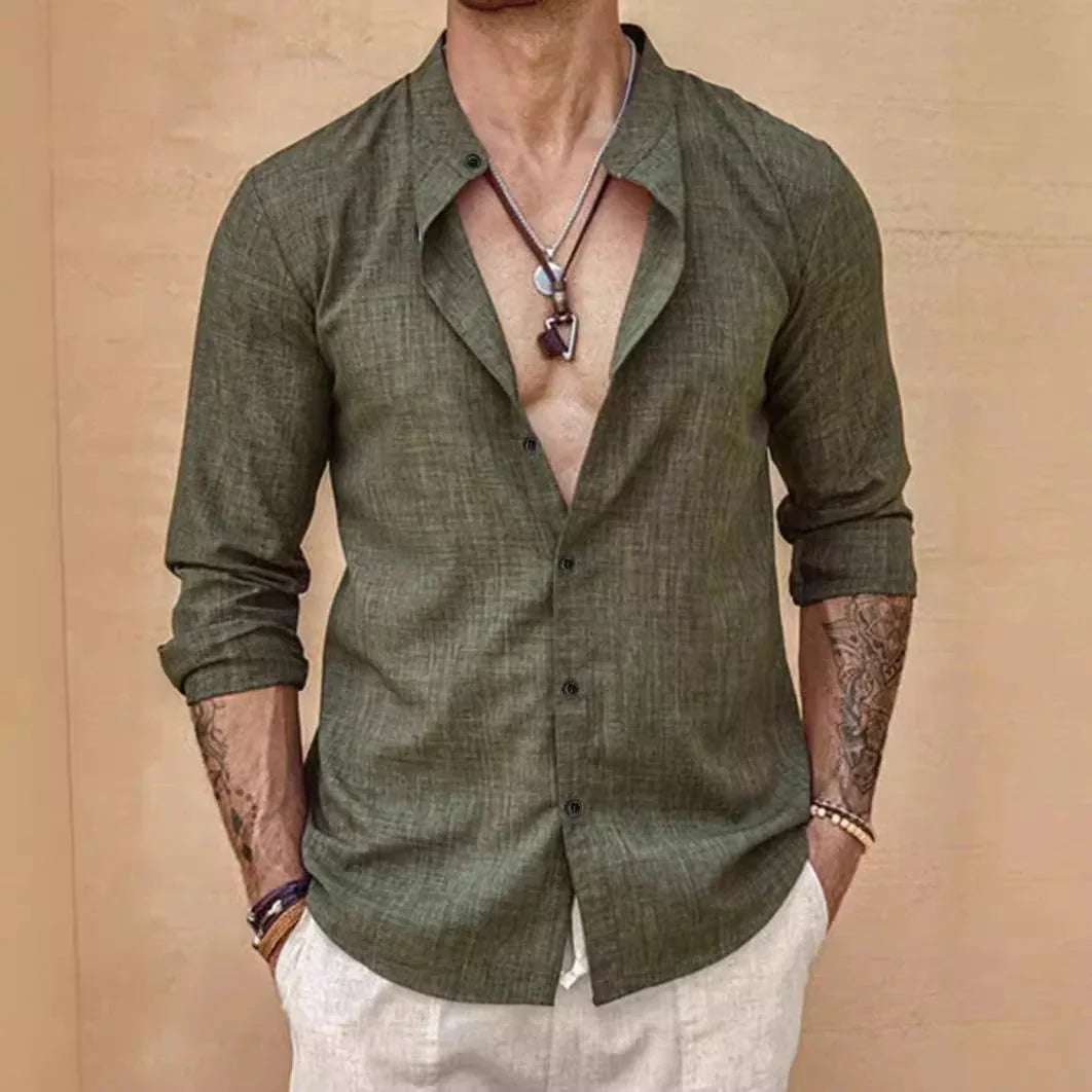 Stand Collar Long Sleeve Men's Cardigan Shirt Men's Top - VAleG