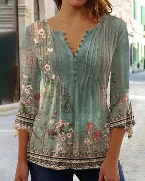 Women's Floral Printed V-neck Short Sleeve Button T-shirt - VAleG