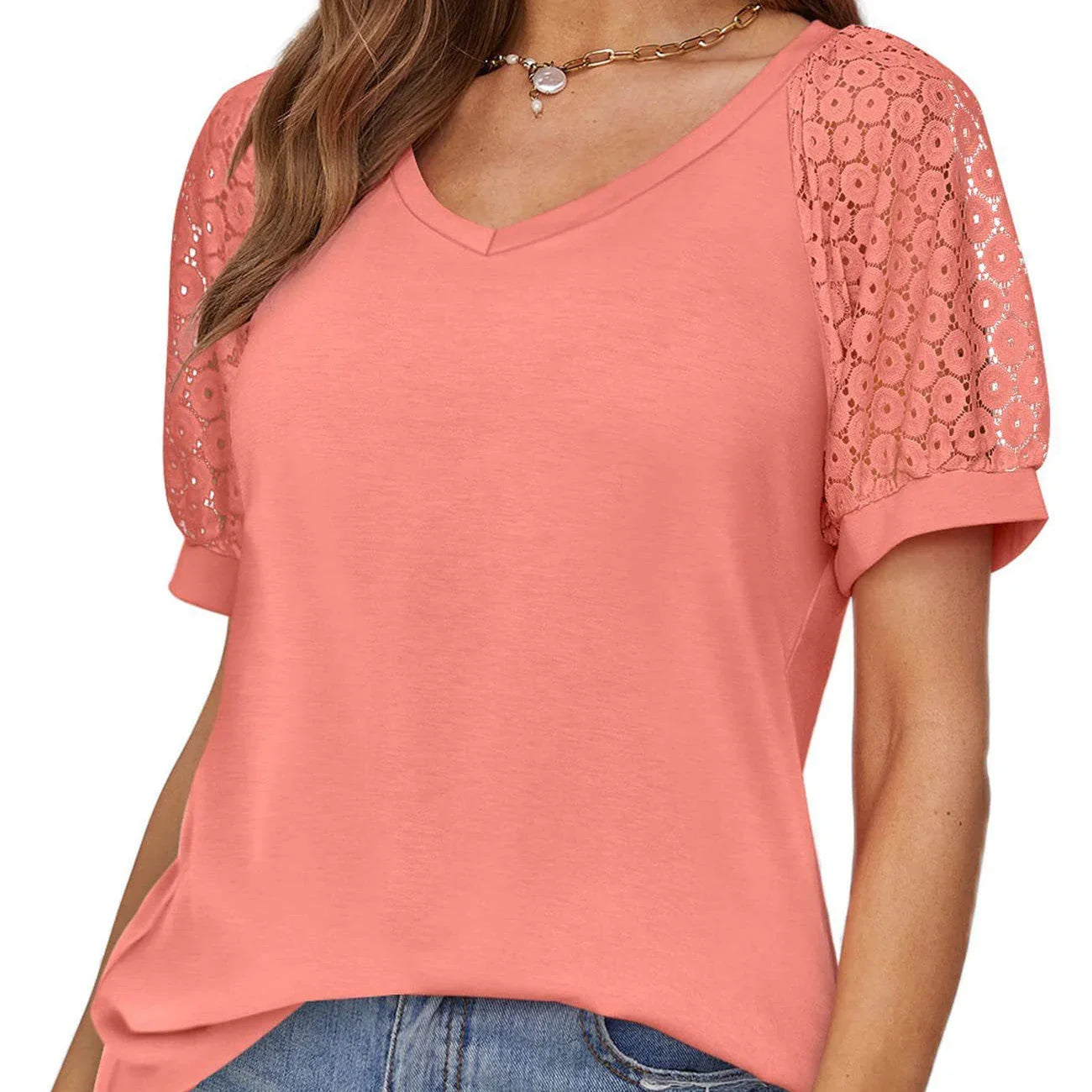 V-neck Lace Stitching Casual T-shirt For Women - VAleG