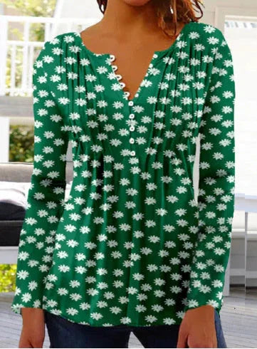 Women's Floral Printed V-neck Short Sleeve Button T-shirt - VAleG