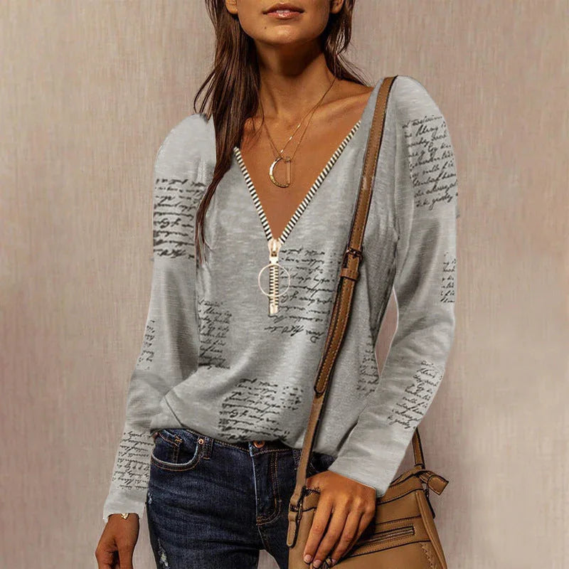 Zipper V-neck English Print Long Sleeve Casual Top - VAleG