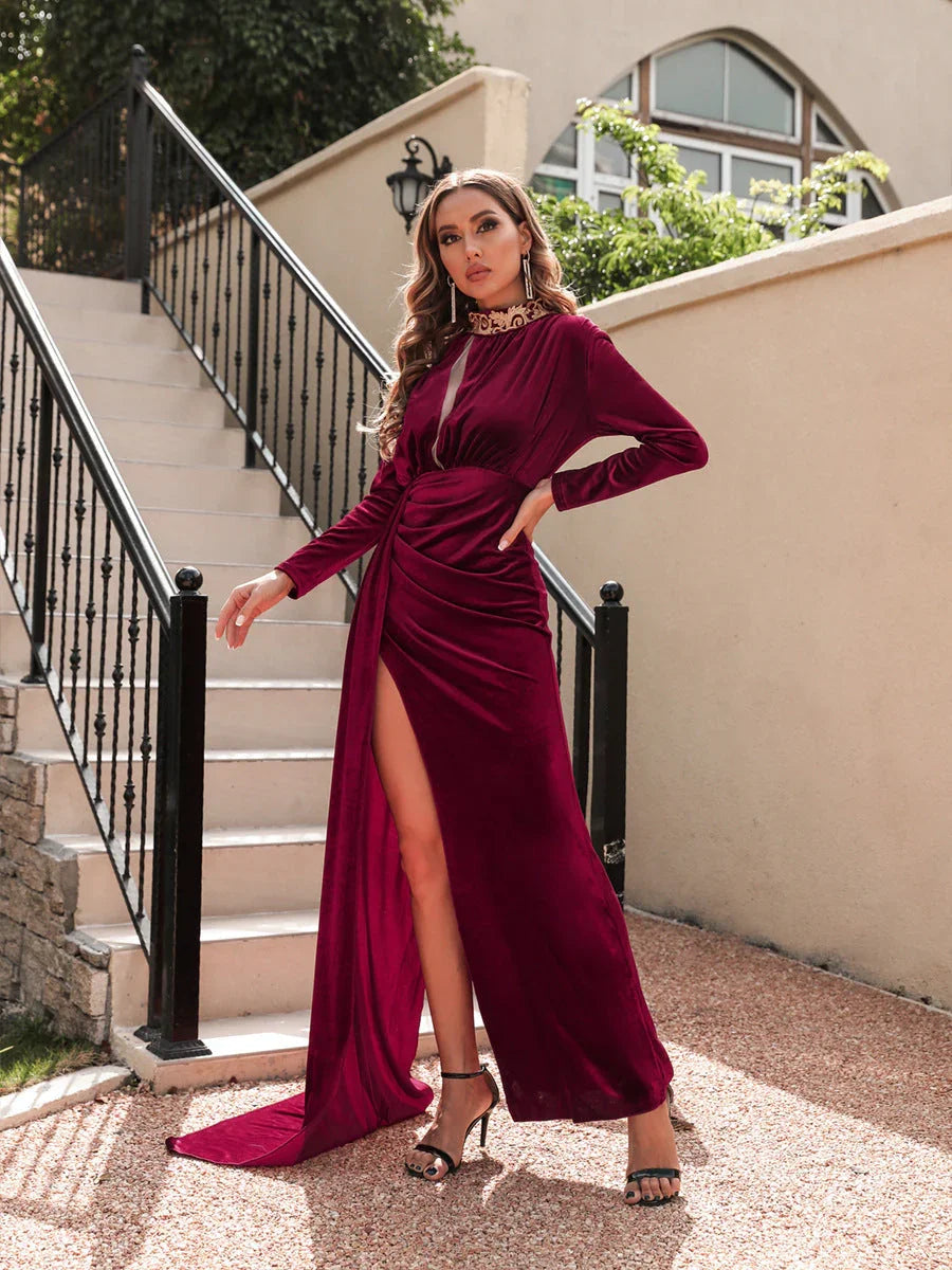 Women's Korean Velvet High Neck Sexy Evening Dress - VAleG