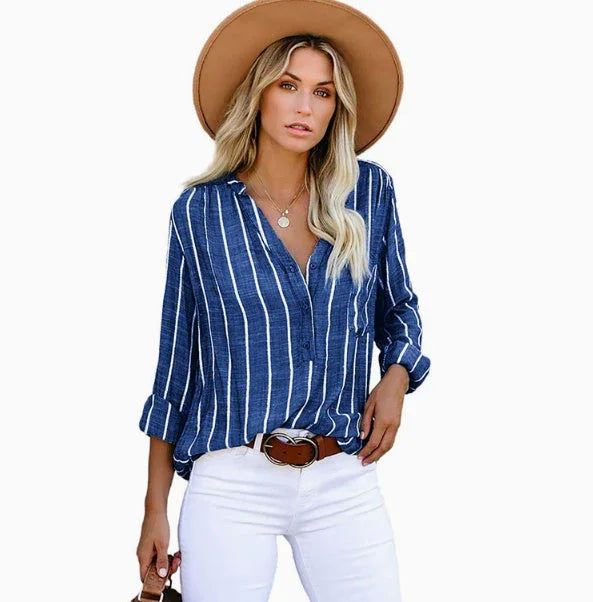Stripe Printed V-Neck Shirt Fashion Long Sleeve Pocket Button Tops Women Clothing - VAleG