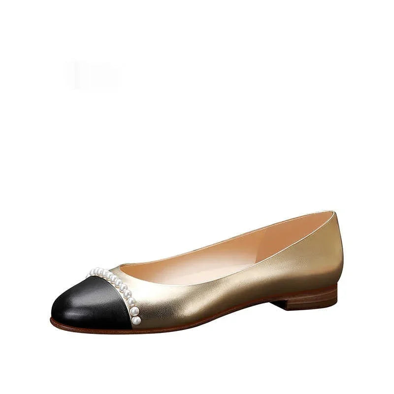 New Low-cut Gold Round Toe Pearl Women's Shoes - VAleG