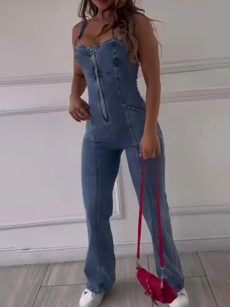 Sleeveless Paneled Zipper Denim Jumpsuit - VAleG