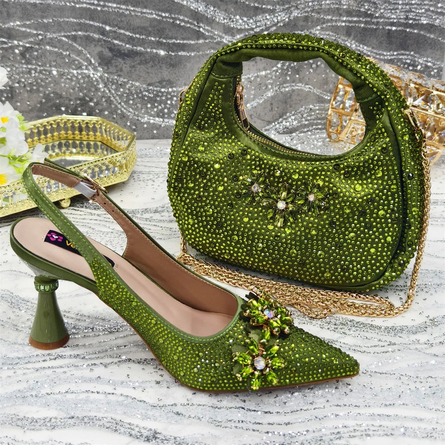 Pointed Toe High Heel Rhinestone Flower Shoes With Handbag Soft - VAleG