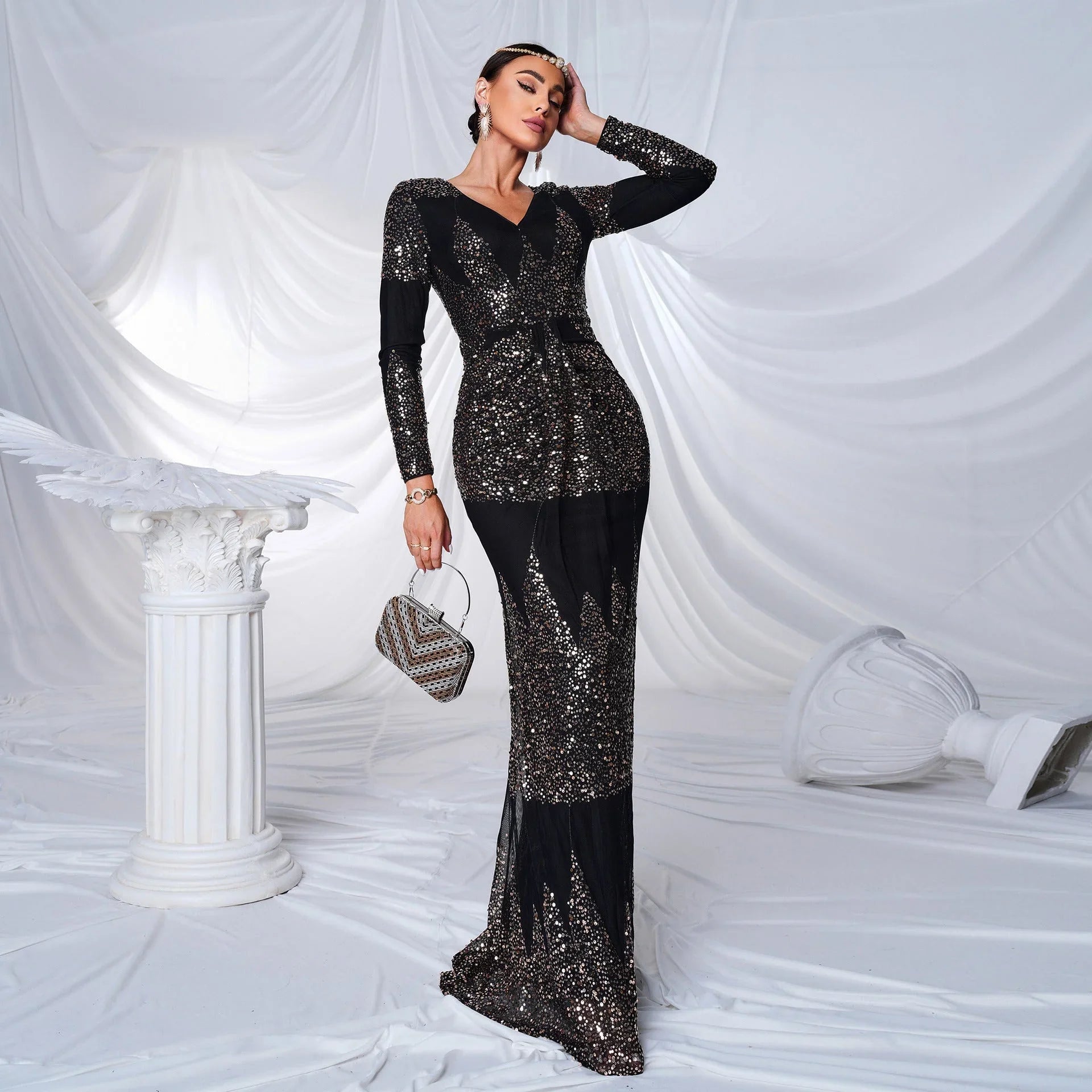Long Sleeve V-neck Sexy Slim-fit Long Sequined Banquet Evening Dress - VAleG