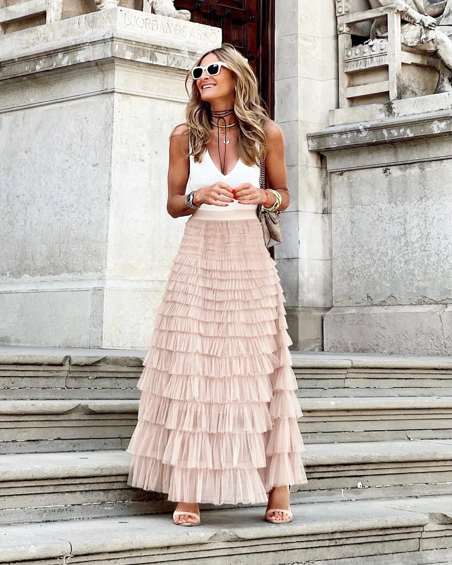 Layered Ruffles Cake Skirt Summer Fashion A Line Swing Mesh Long Skirt Party Dress Women - VAleG