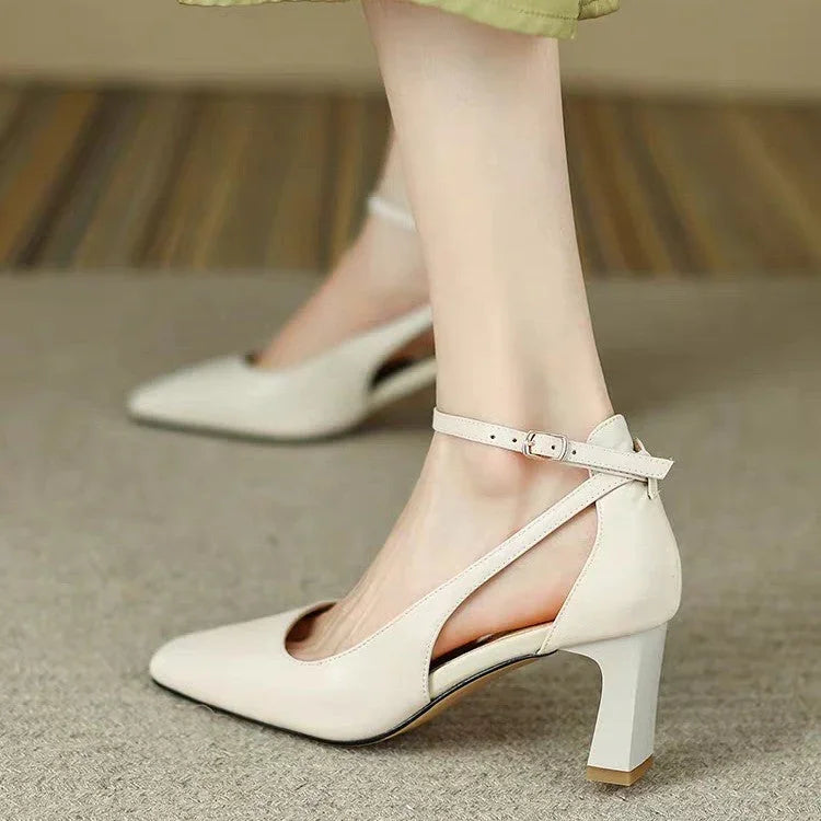 Square Toe Chunky Heel Pumps Women's Summer Mid Heel Soft Leather - VAleG