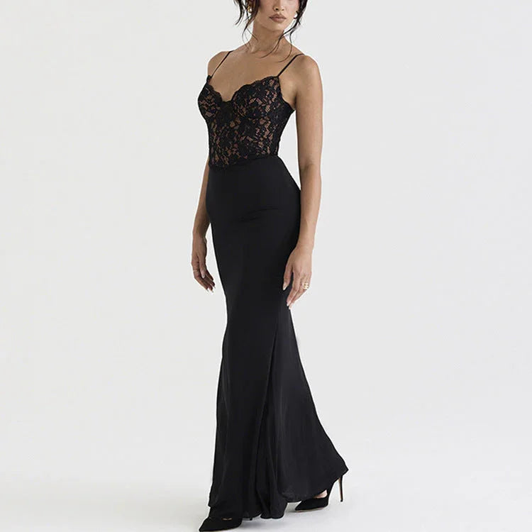 Lace High Waist Long Dress Deep V Strap Fishtail Gown - VAleG