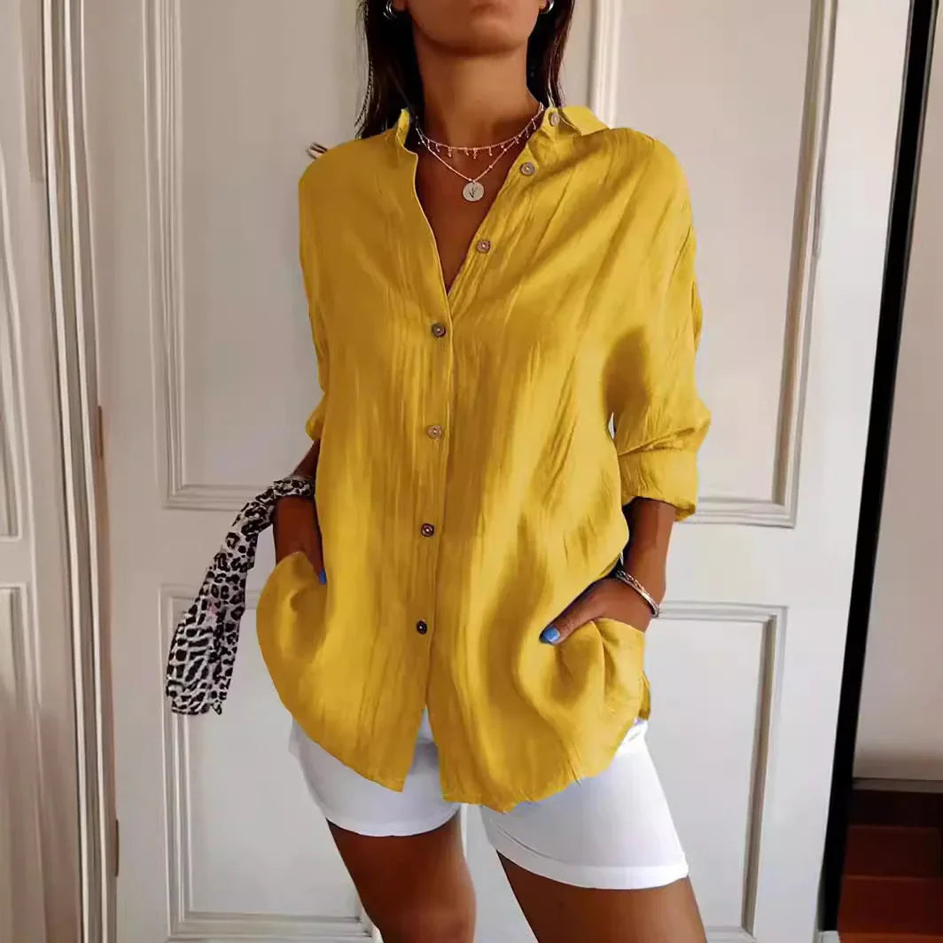 Lapel Long Sleeve Shirt Women's Single-breasted Pleated Shirt - VAleG
