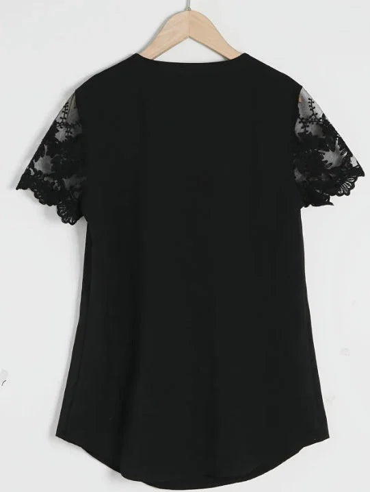 Contrast Lace Tucked Blouse, Casual V Neck Short Sleeve Blouse - VAleG