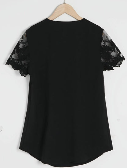 Contrast Lace Tucked Blouse, Casual V Neck Short Sleeve Blouse VAleG