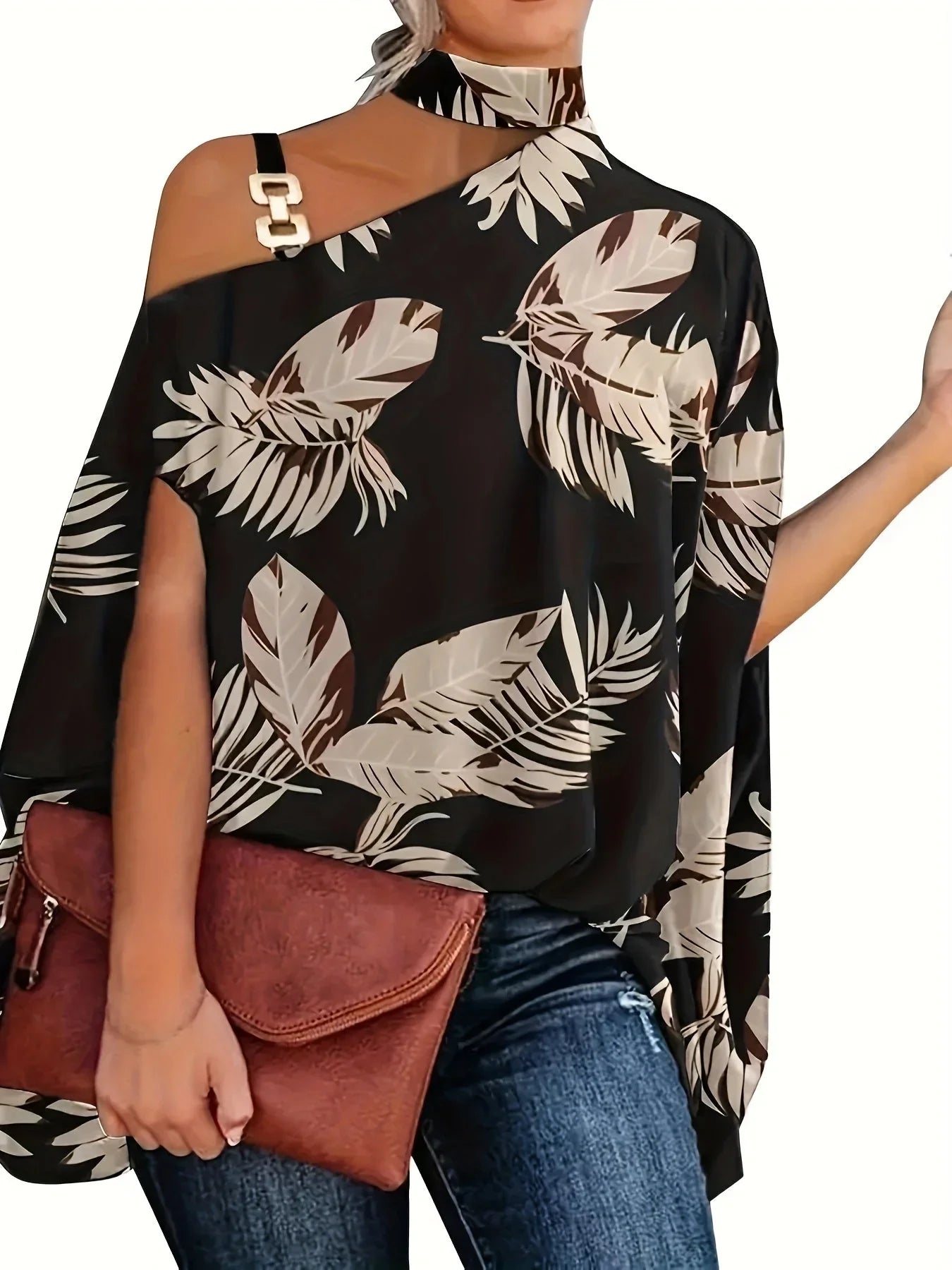 Leaves Print One Shoulder Blouse, Elegant Chain Strap Mock Neck Short Sleeve Blouse For Spring & Summer, Women's Clothing - VAleG