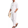 Solid Color Casual Cotton Linen Long Sleeve Blouse Trousers Suit - VAleG