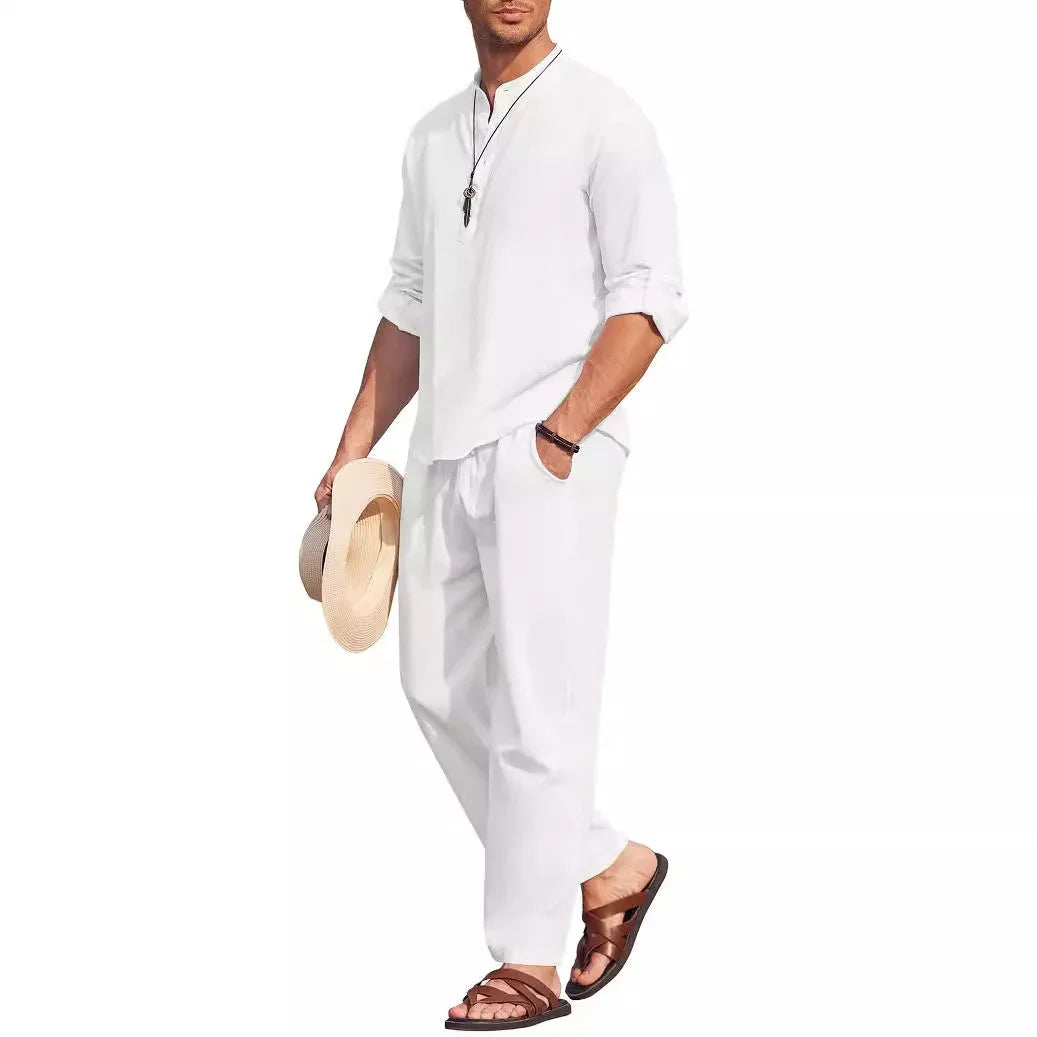 Solid Color Casual Cotton Linen Long Sleeve Blouse Trousers Suit - VAleG