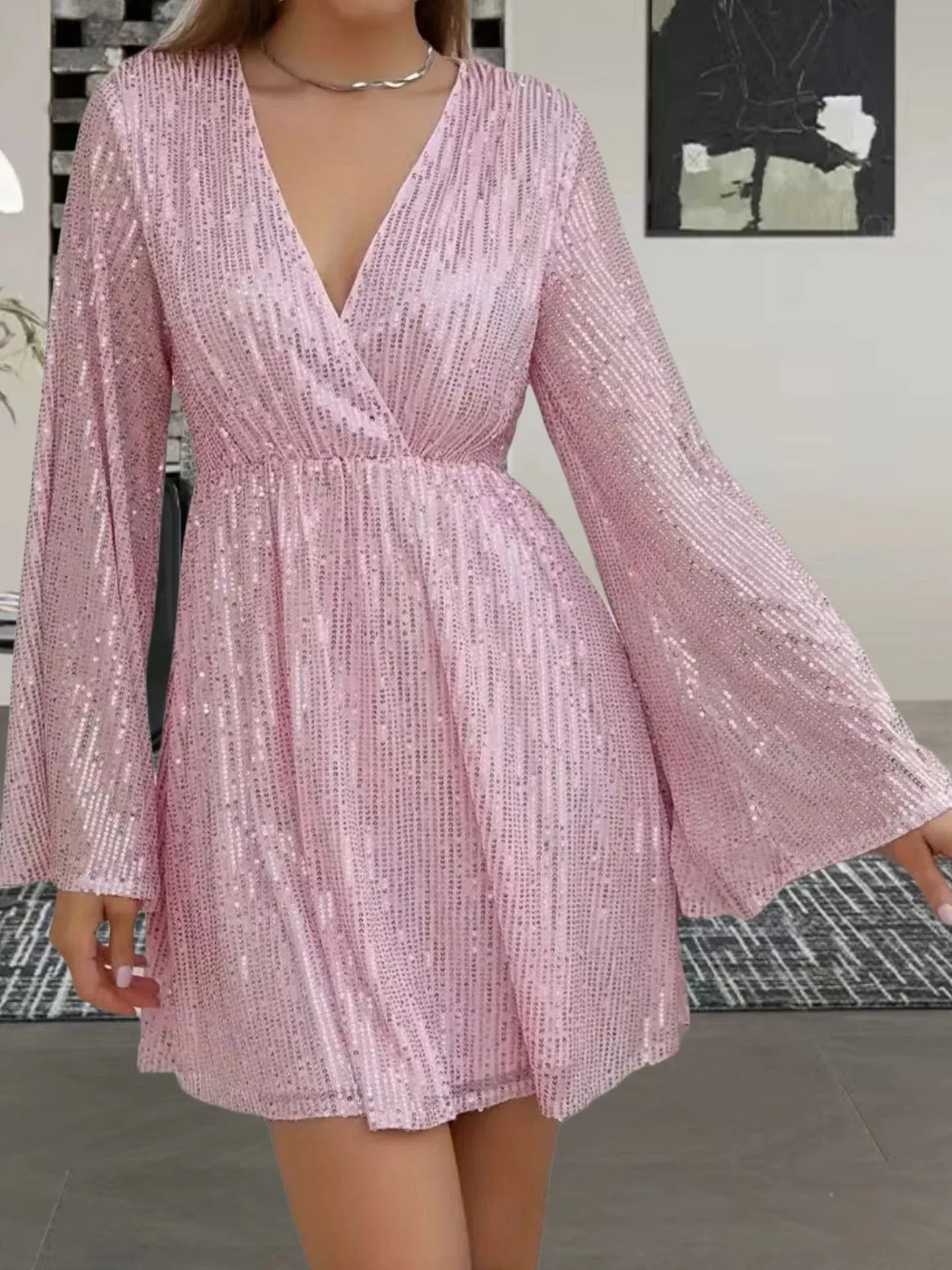 V-neck Sequin Waist Slimming Senior Party Evening Dress - VAleG