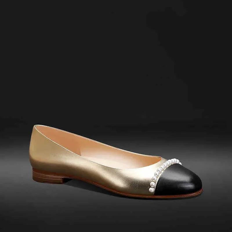 New Low-cut Gold Round Toe Pearl Women's Shoes - VAleG