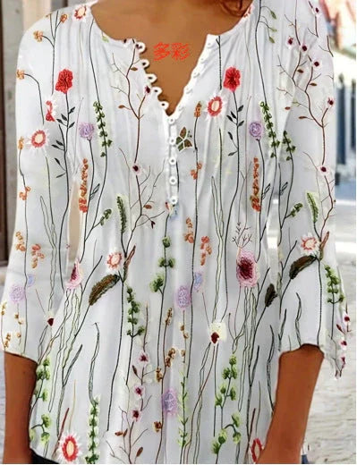 Women's Floral Printed V-neck Short Sleeve Button T-shirt - VAleG