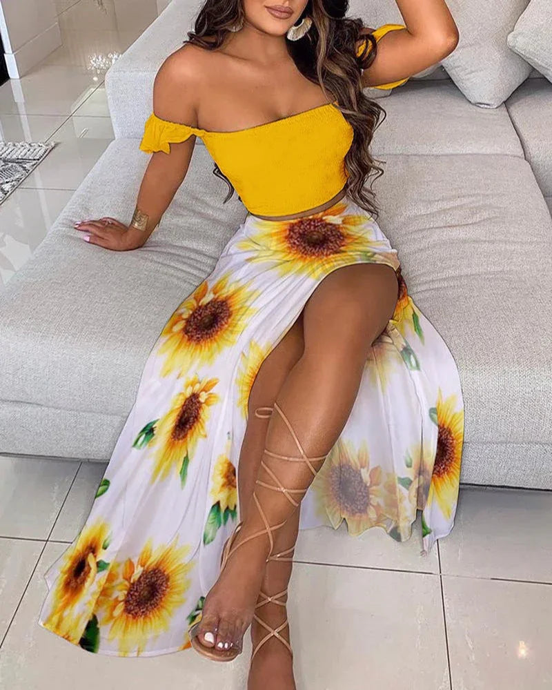 Summer Slim French Bohemian Print Mid-Length Retro Tube Top Suit Dress Women - VAleG
