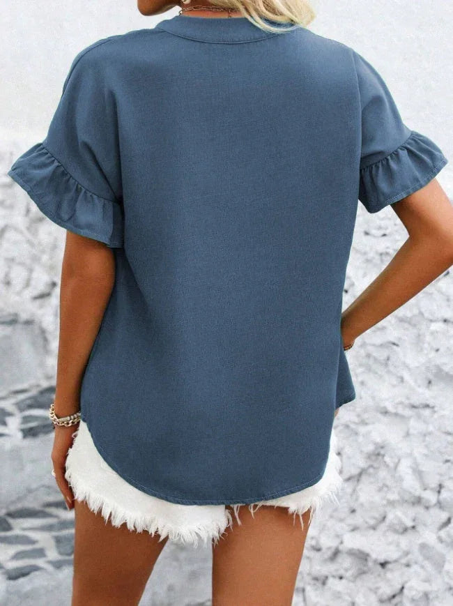 Women's Fashionable Simple Solid-Color Shirt, Perfect For Daily Summer Wear,Short Sleeve Tops - VAleG