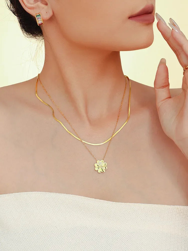 2 Piece 18K Gold-Plated Inlaid Zircon Lucky Clover Necklace - VAleG