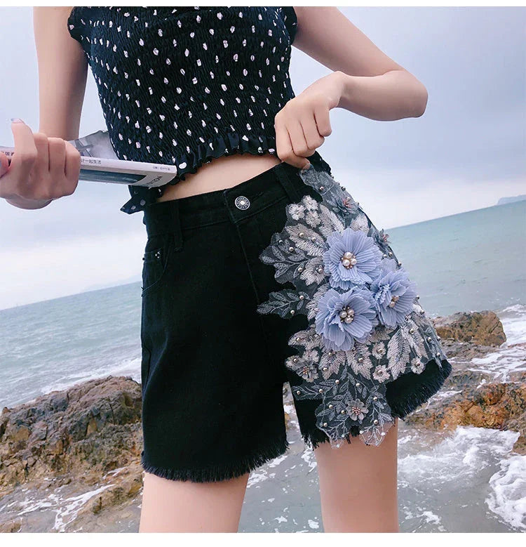 Pants Women's Spring And Summer New Heavy Industry Applique High Waist Denim Shorts - VAleG
