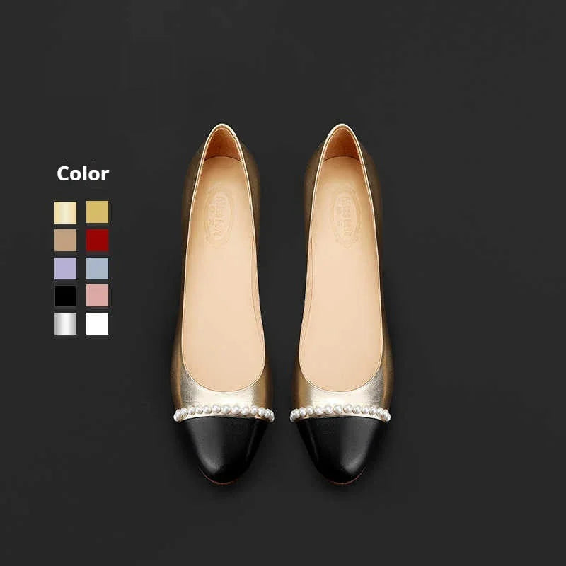 New Low-cut Gold Round Toe Pearl Women's Shoes - VAleG