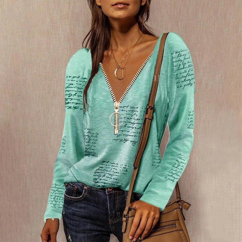 Zipper V-neck English Print Long Sleeve Casual Top - VAleG