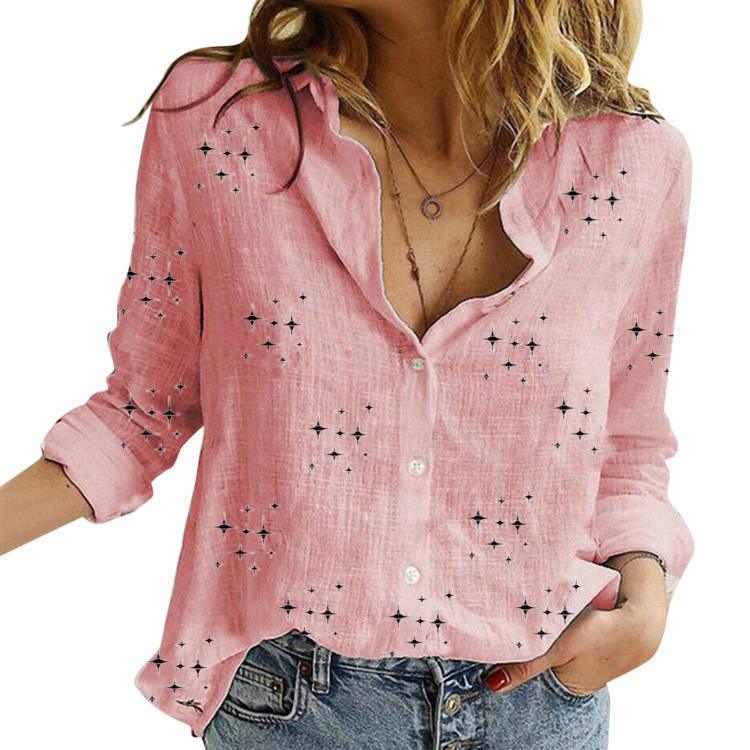 Spring And Autumn Print Casual Loose Long Sleeve Linen Shirt For Women - VAleG