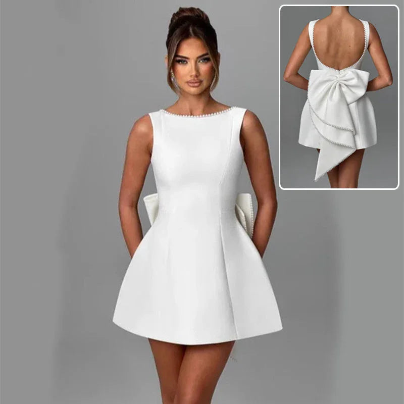 Fashion Big-Bowed Pearls Backless Dress Summer Slim Sleeveless A-line Dresses For Party Evening Women's Clothing - VAleG