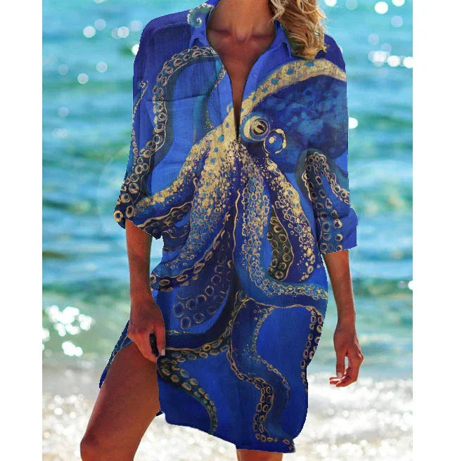 Women's Vacation Beach Bikini Jacket Printed Shirt - VAleG