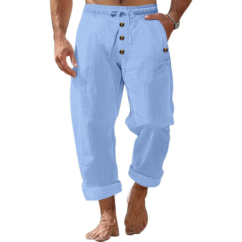 American Beach Pants Solid Color Cotton Linen Loose Drawstring Button Casual Trousers Men - VAleG