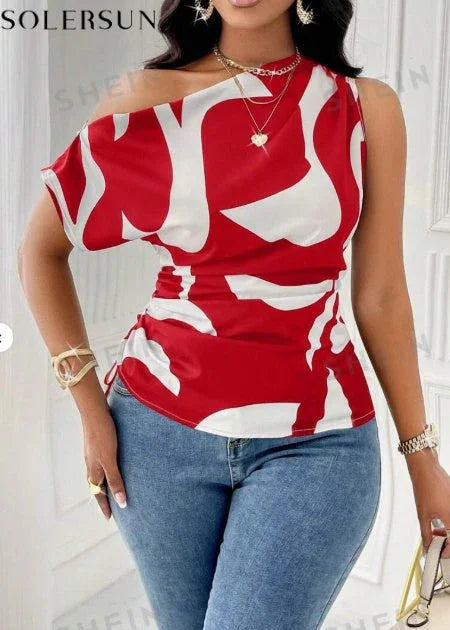Print Asymmetric Collar Side Drawstring Shirt With Random Printing One Shoulder Top - VAleG