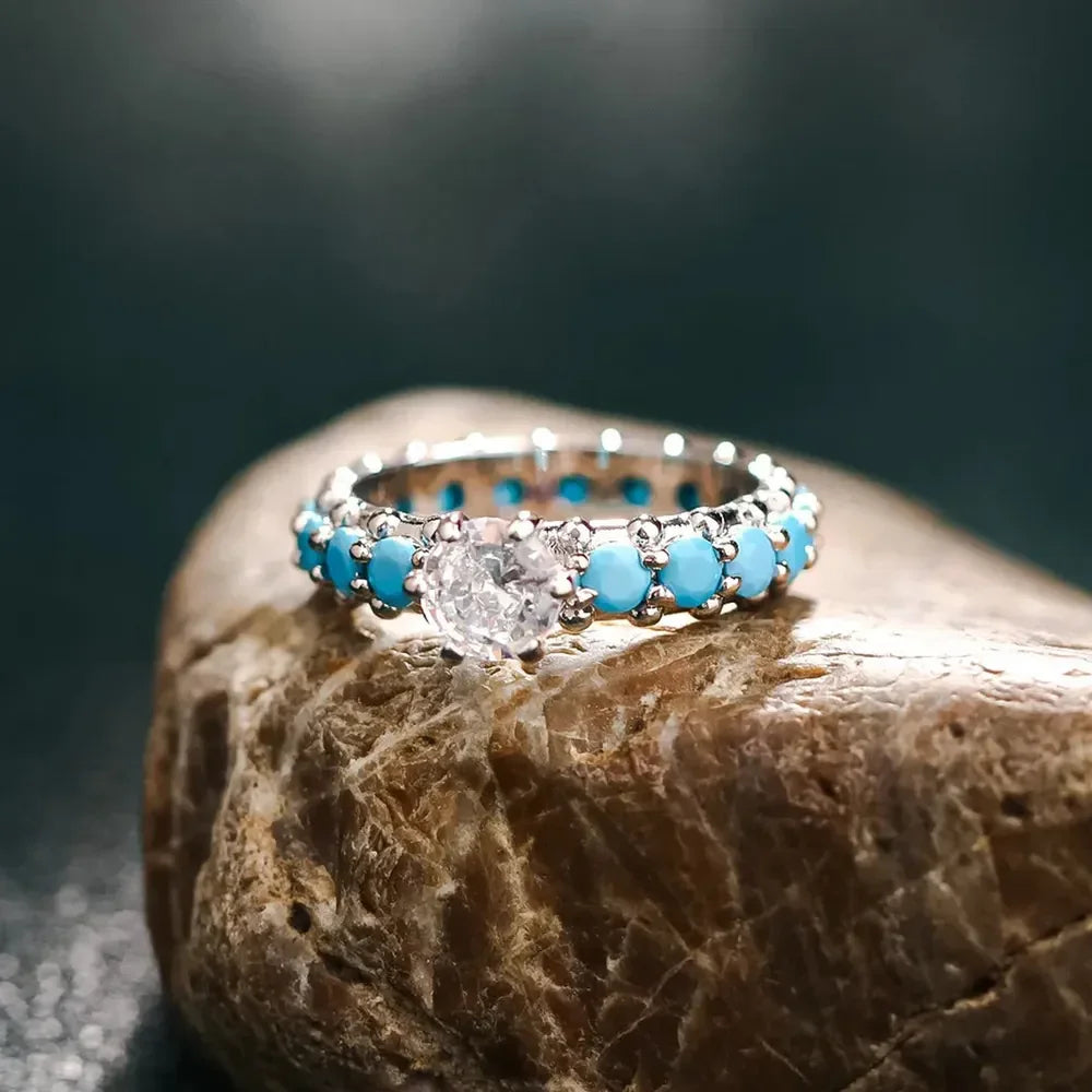 Inlaid Turquoise Zircon 925 Sterling Silver Ring - VAleG
