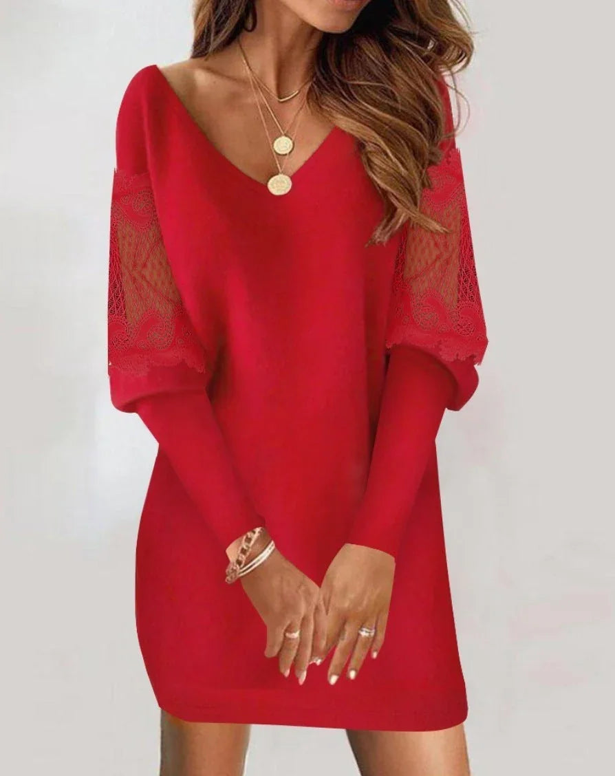 Long-sleeved V-neck Dress Spring And Autumn New Style Lace Splicing Dress For Womens Clothing - VAleG