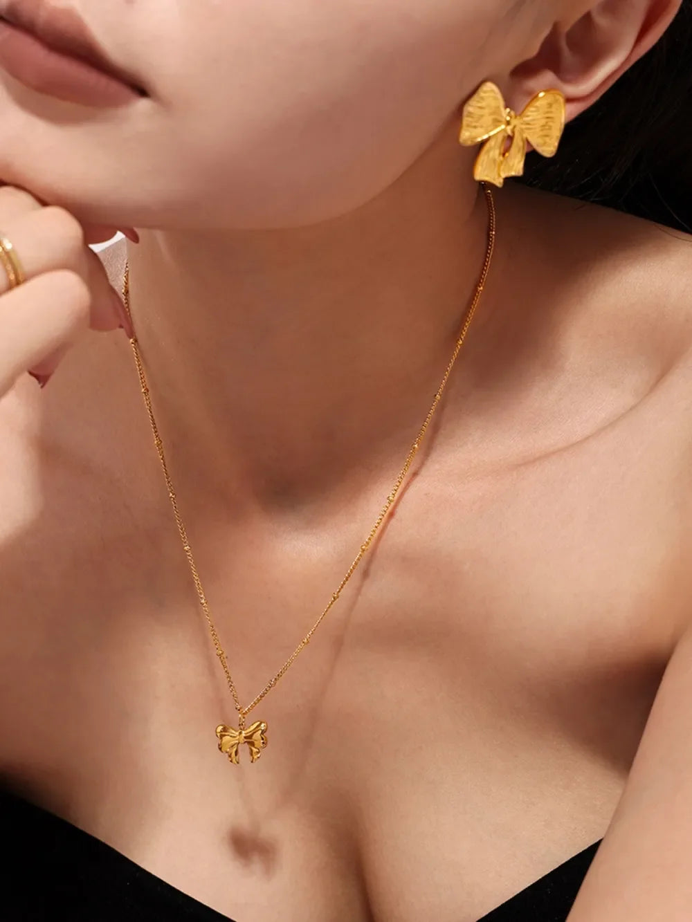 18K Gold-Plated Stainless Steel Bow Earrings and Necklace Set - VAleG