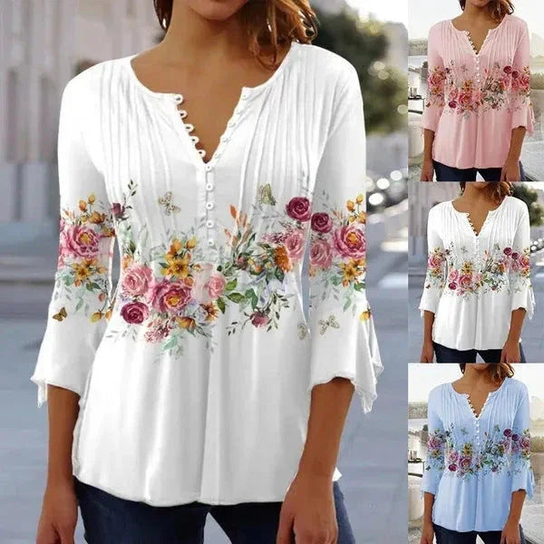 Women's Floral Printed V-neck Short Sleeve Button T-shirt - VAleG